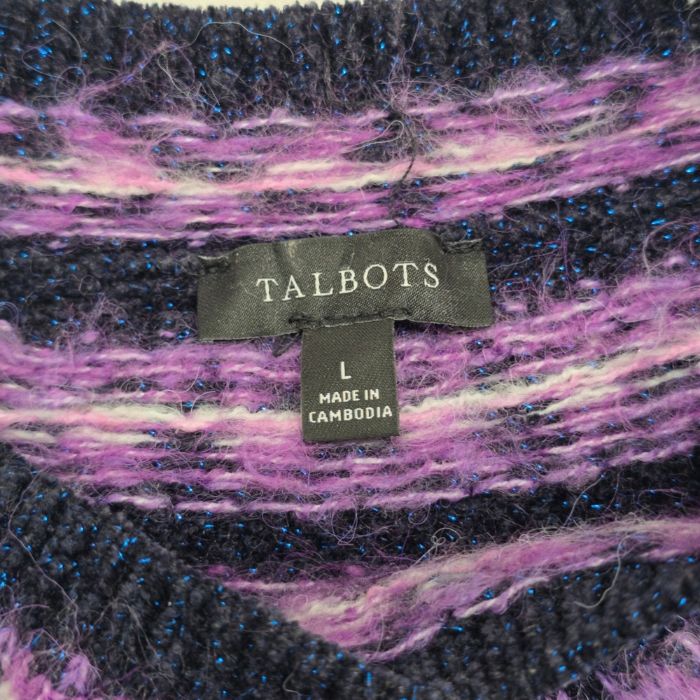 Talbots Fair Isle Pullover Sweater L Navy Purple Metallic Shimmer Crewneck - Picture 7 of 9